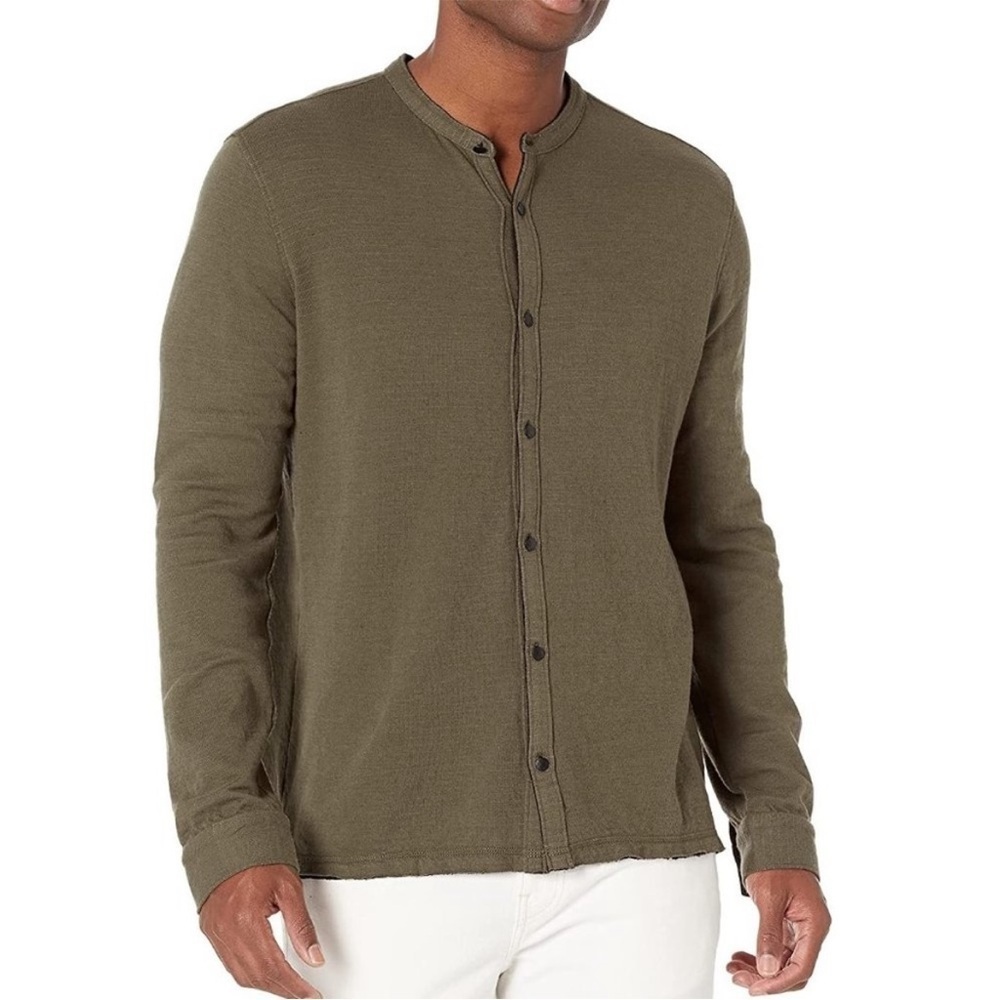 John Varvatos Joaquin Easy Double Knit Shirt Raw Hem | Moss Green | Siz…